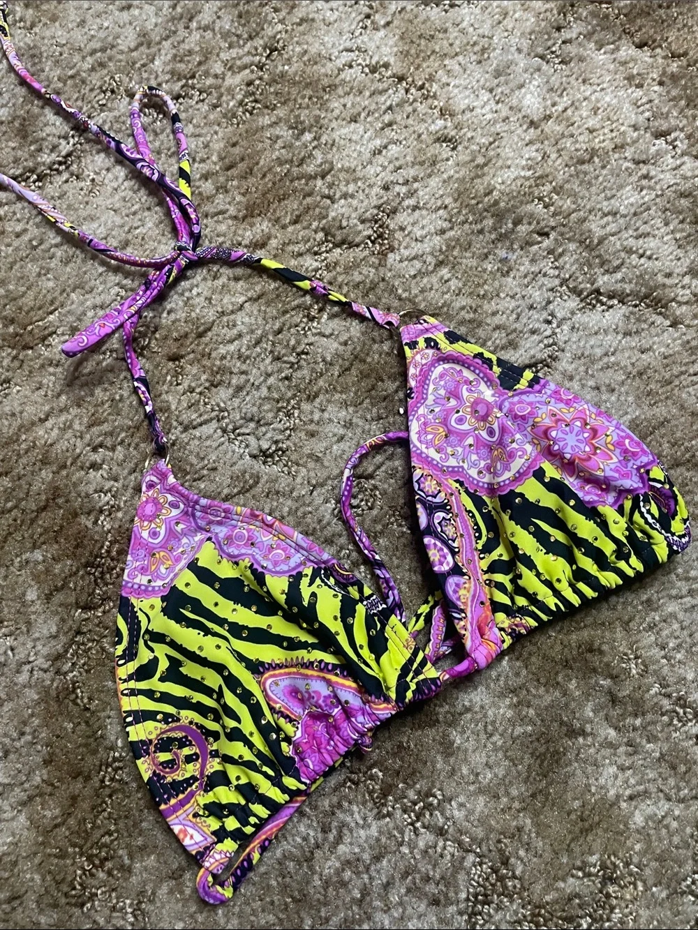 Luli Fama Miami Y2K Multi Color Triangle Halter Bikini Top Size Medium‎